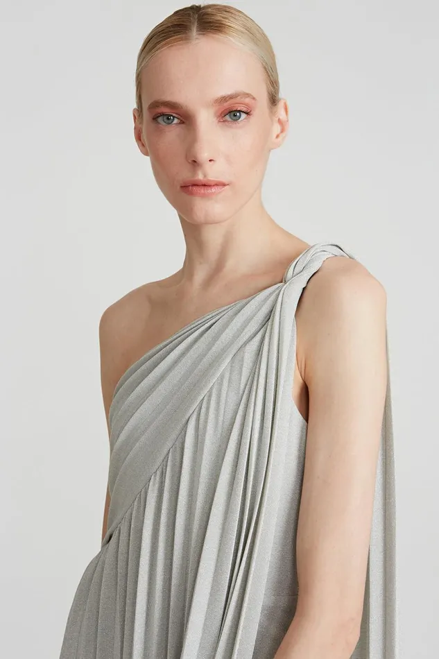 Gowns Women Halston Priya Knit Pleated Gown Silver