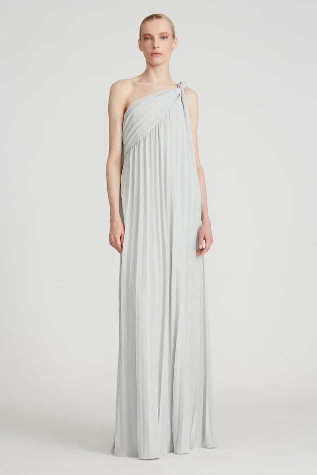 Gowns Women Halston Priya Knit Pleated Gown Silver