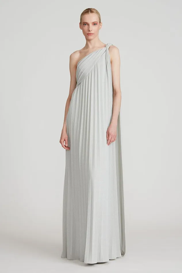 Gowns Women Halston Priya Knit Pleated Gown Silver