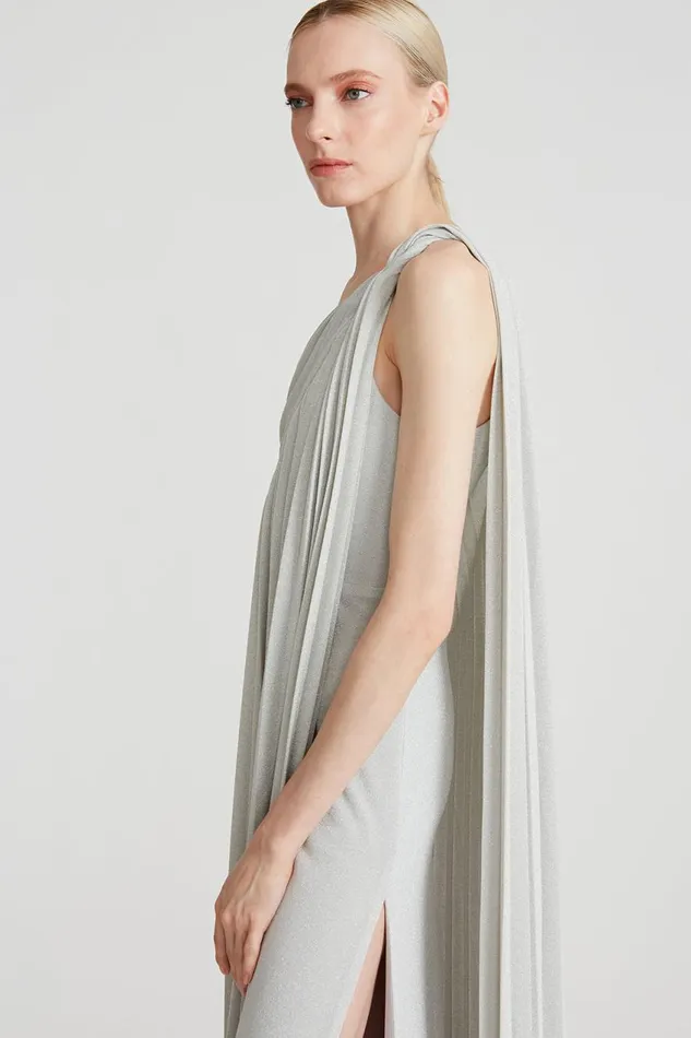 Gowns Women Halston Priya Knit Pleated Gown Silver