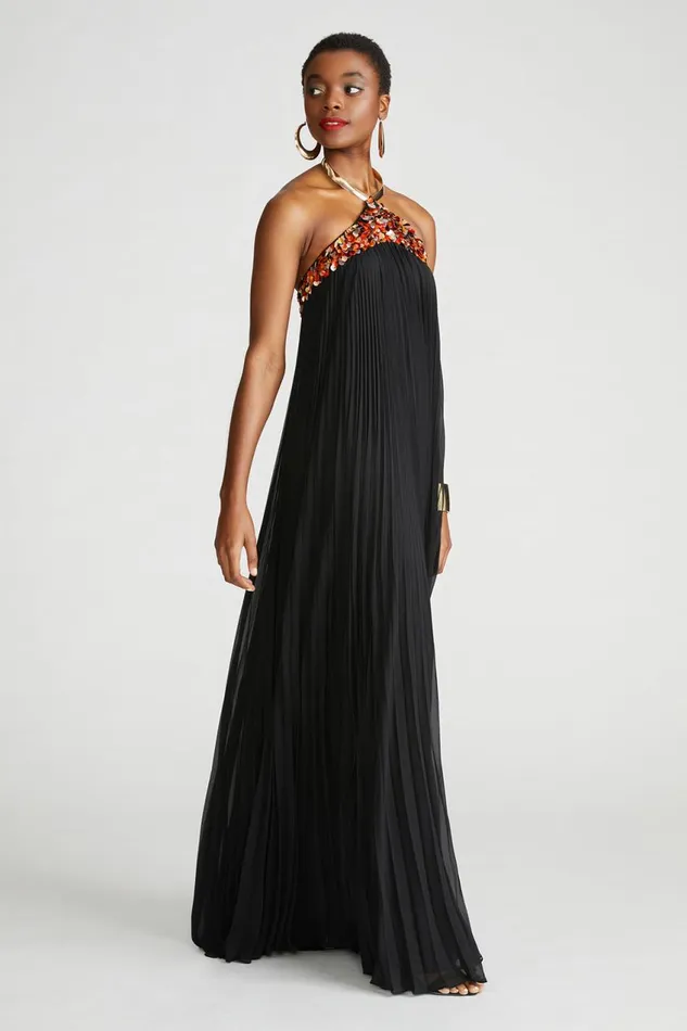 Gowns Women Halston Pythia Gown In Pleated Chiffon Black
