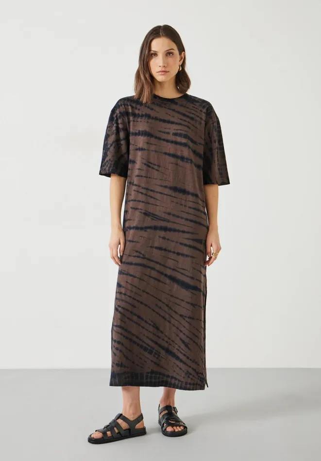 Hush Dresses Women Addie Cotton Relaxed Midi TShirt Dress Diagonal Tie Dye Brown