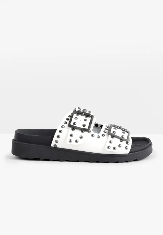 Hush Flats Women Kapalua Leather Studded Sandals White