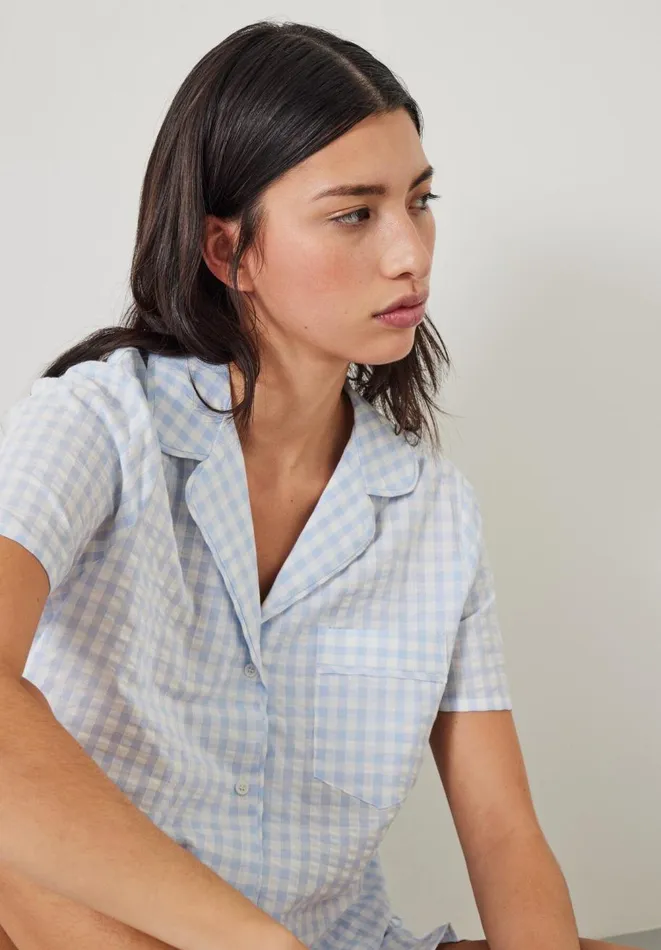 Hush Pyjamas and Nightwear Women Palma Frill Short Pyjamas Ecru Blue Gingham