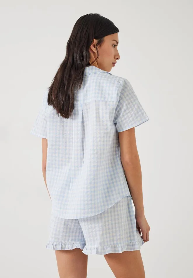Hush Pyjamas and Nightwear Women Palma Frill Short Pyjamas Ecru Blue Gingham