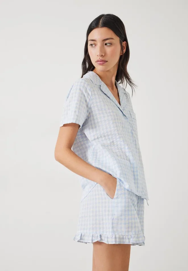 Hush Pyjamas and Nightwear Women Palma Frill Short Pyjamas Ecru Blue Gingham