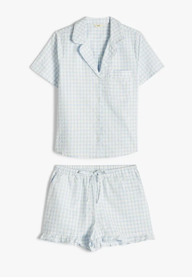 Hush Pyjamas and Nightwear Women Palma Frill Short Pyjamas Ecru Blue Gingham