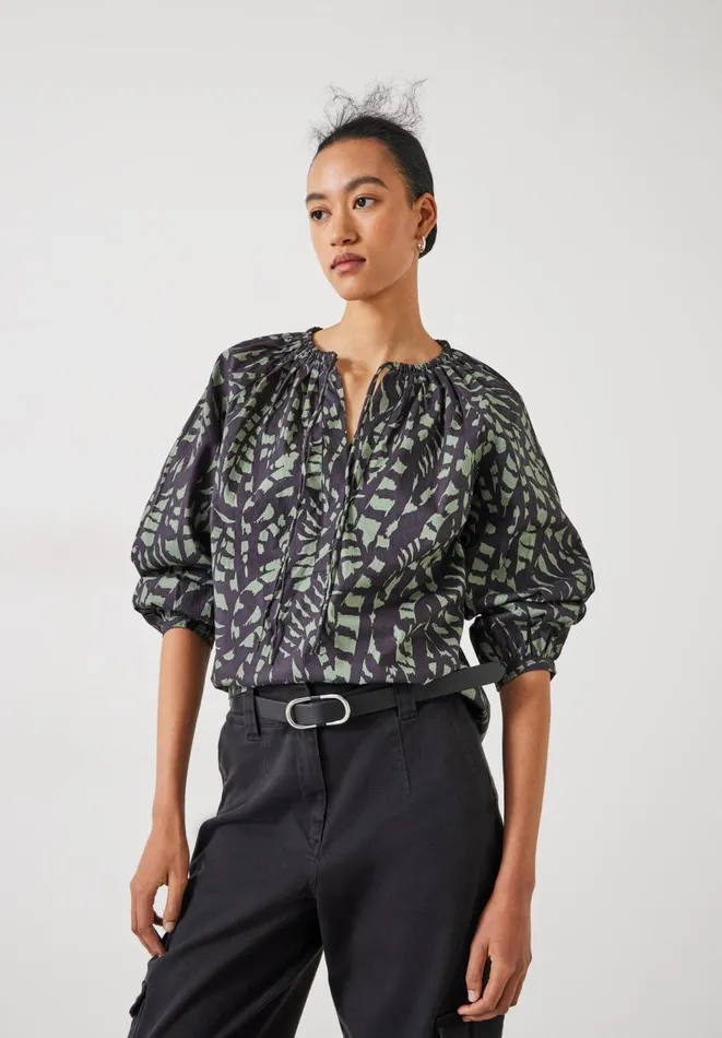 Hush Shirts and Blouses Women Monika Tie Relaxed Cotton Blouse Abstract Boho Charcoal