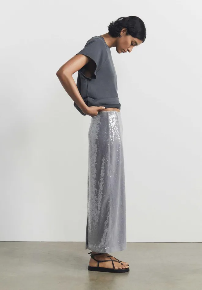 Hush Skirts Women Anais Sheer Sequin Midi Skirt Opal Grey