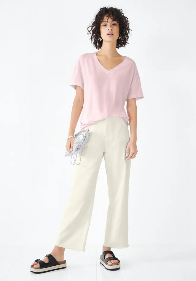 Hush Tops and Tshirts Women Deep V Linen Blend Tee Soft Pink