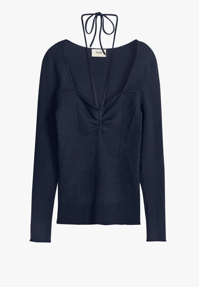 Hush Tops and Tshirts Women Ellen Ruched Halter Neck Knitted Top Midnight Navy