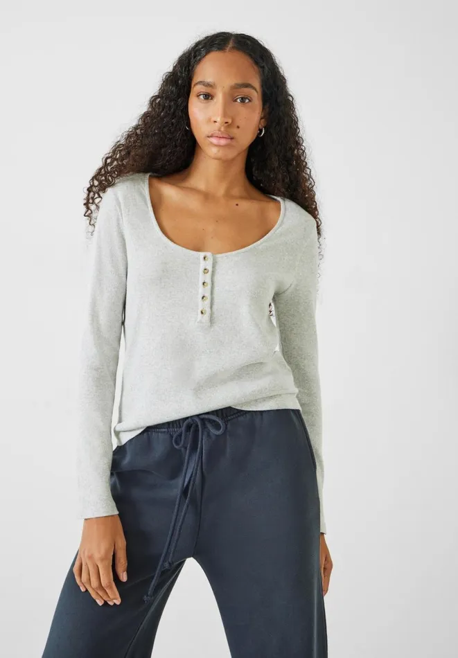 Hush Tops and Tshirts Women Long Sleeve Ribbed Henley TShirt Lightest Grey Marl