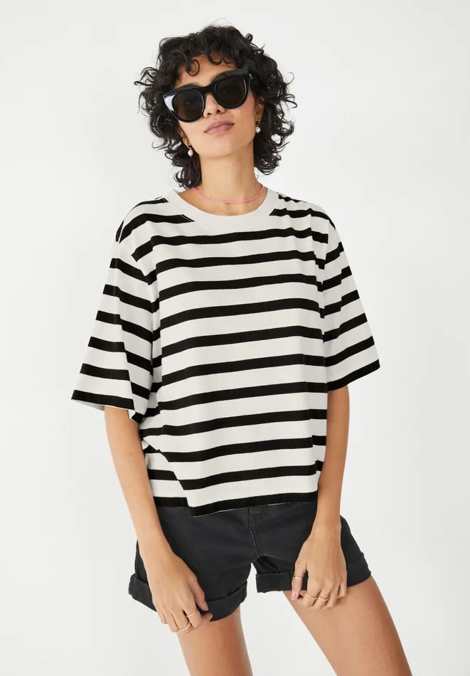 Hush Tops and Tshirts Women Striped Boxy TShirt White Black