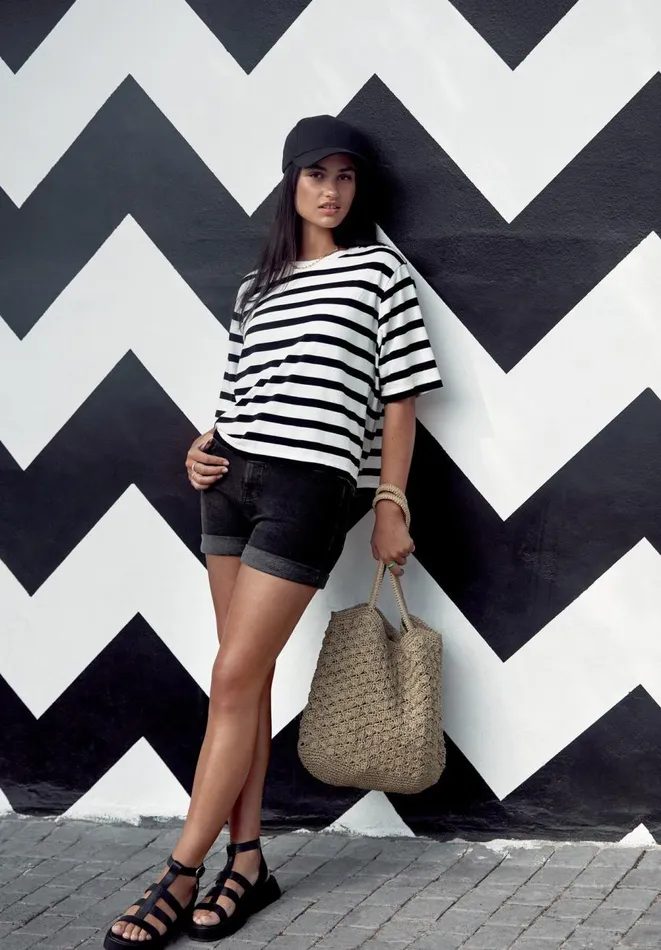 Hush Tops and Tshirts Women Striped Boxy TShirt White Black Hush Tops and Tshirts Women Striped Boxy TShirt White Black