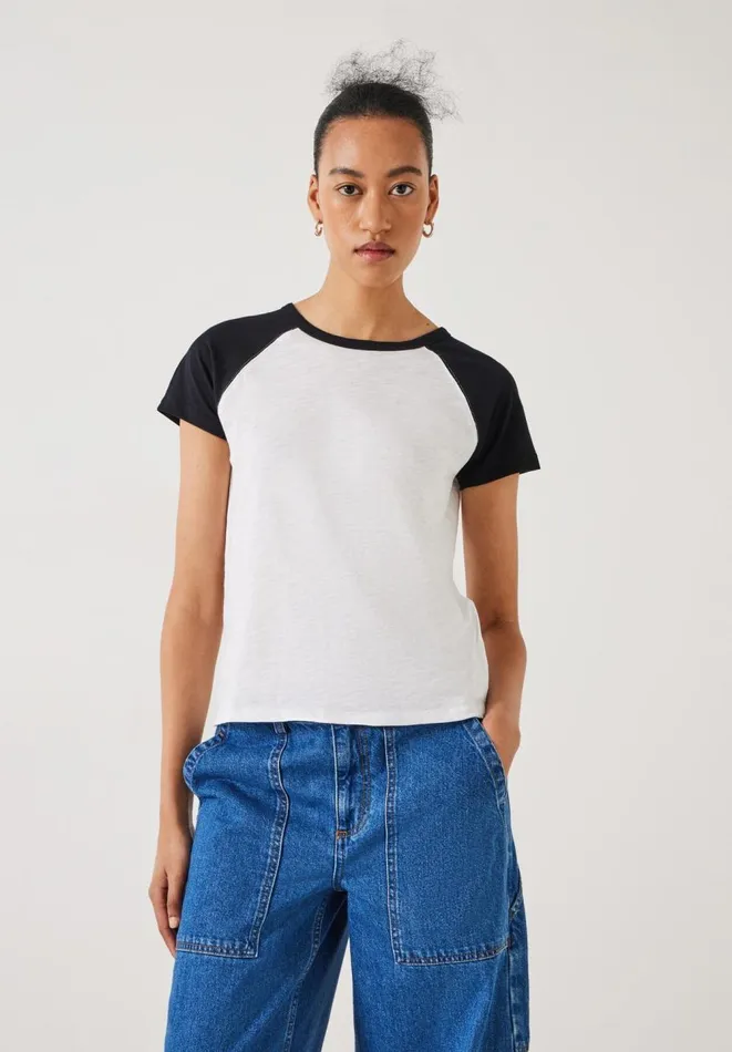 Hush Tops and Tshirts Women Tammy Contrast Raglan Slim Fit TShirt Black Brillian White