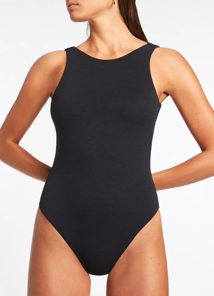 Isla Rib High Neck One Piece Black Women JETS Australia High Neck One Piece