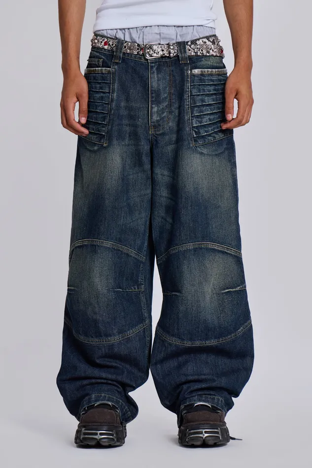 Jaded London Mid Blue Biker Colossus Jeans Men Denim