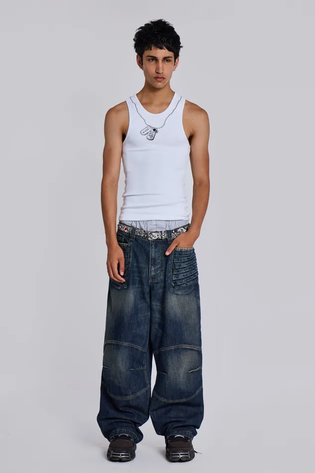 Jaded London Mid Blue Biker Colossus Jeans Men Denim