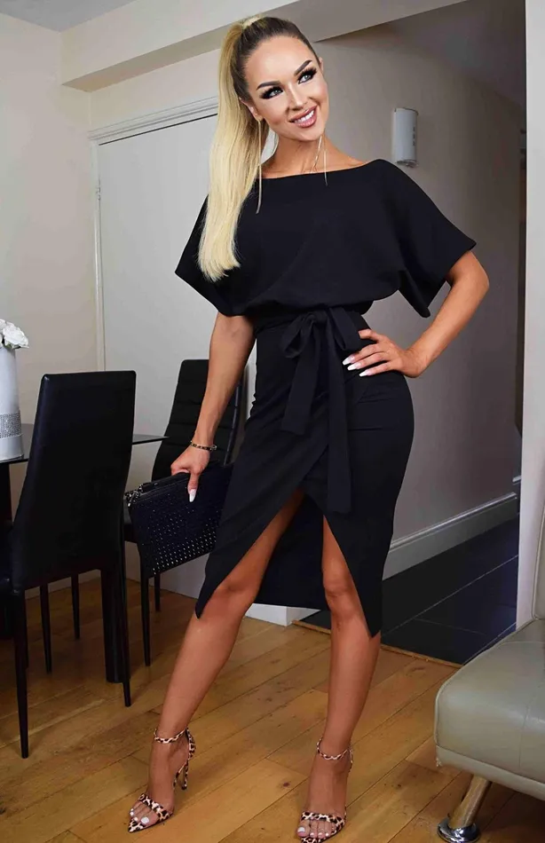 Judith Black Wrap Front Batwing Dress Women Missfiga Midi Dresses