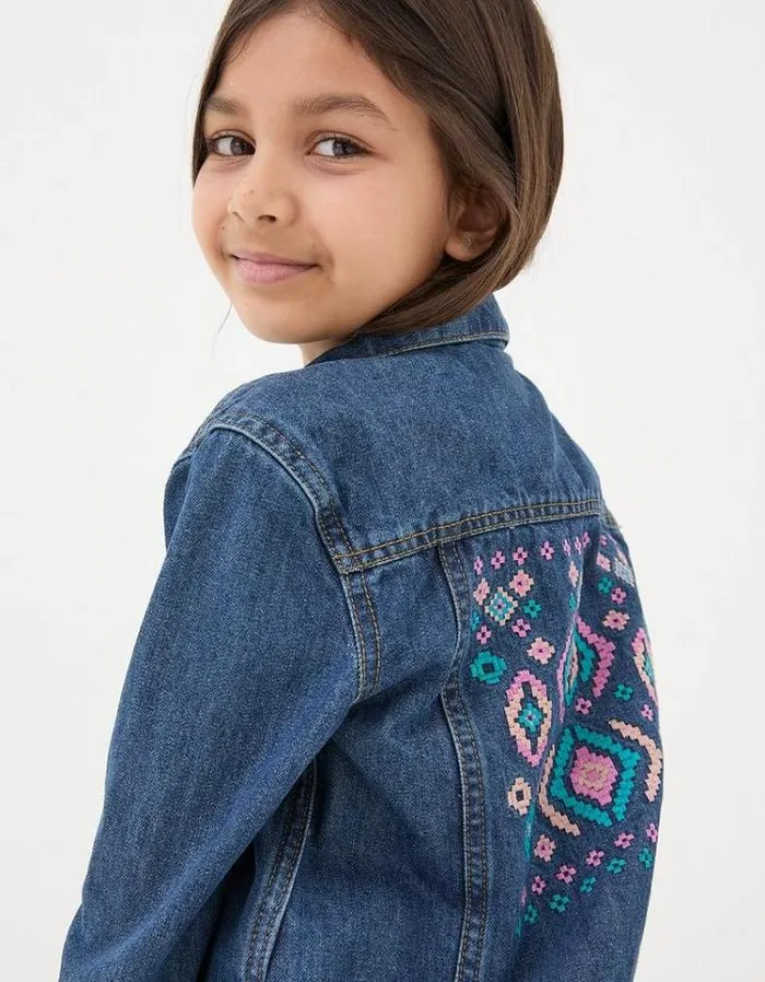 Kids FatFace Coats and Jackets Patterned Denim Jacket Denim Blue