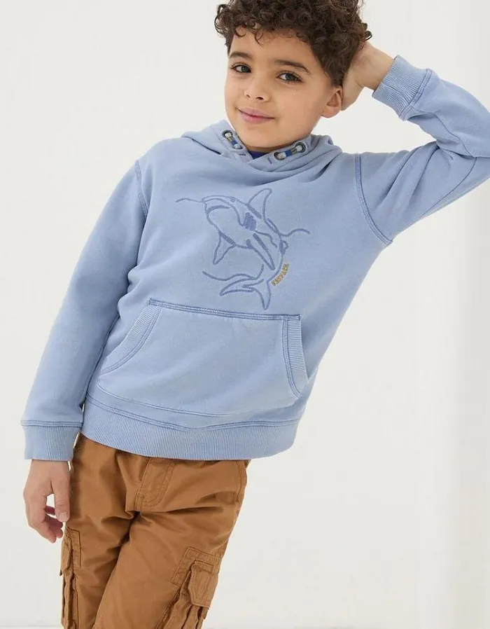 Kids FatFace Sweatshirts and Hoodies Shark Graphic Pullover Hoodie Washed Blue