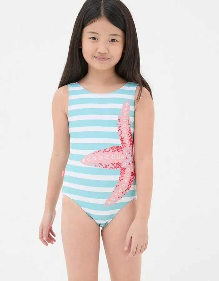 Kids FatFace Swimwear Starfish Striped Swimsuit Aqua Blue