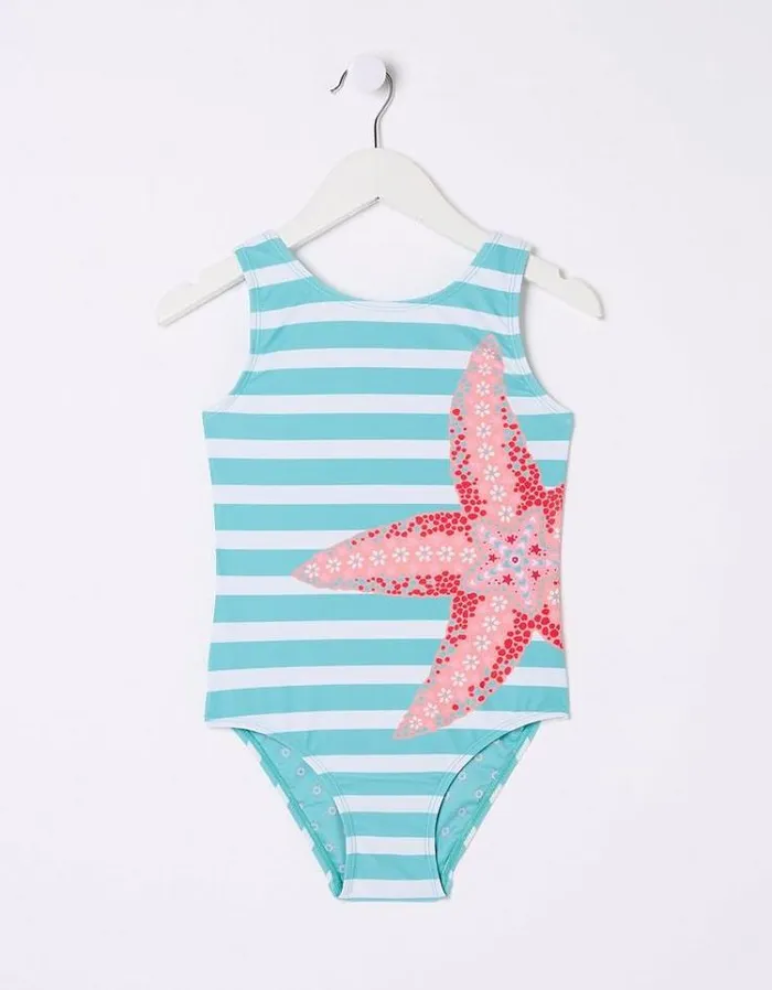 Kids FatFace Swimwear Starfish Striped Swimsuit Aqua Blue