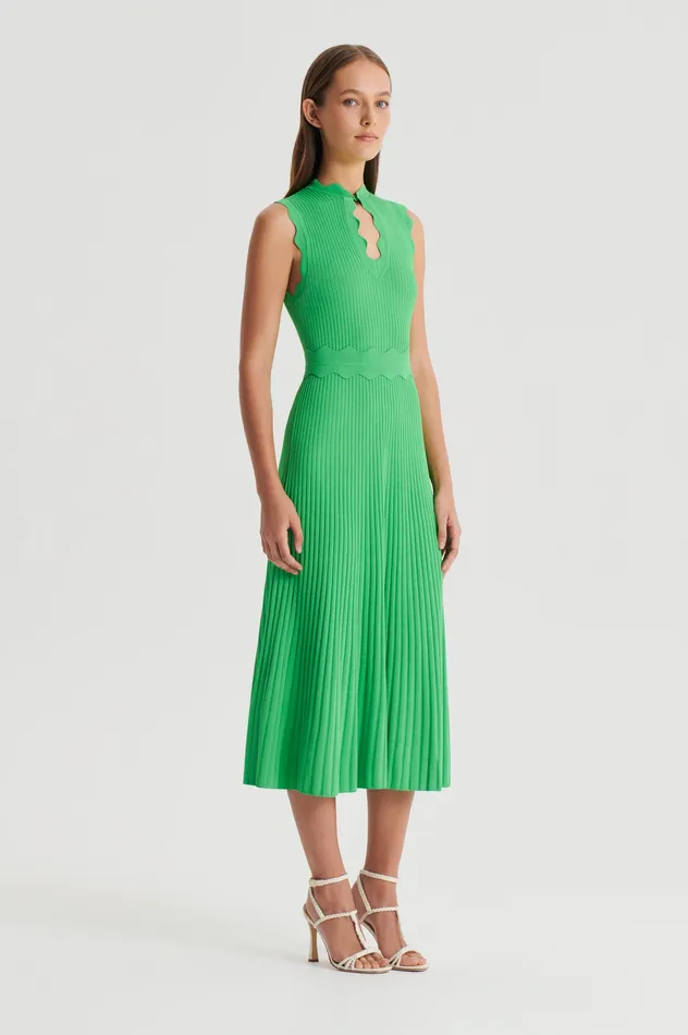 Knitwear Women Scanlan Theodore PLEATED RIB SCALLOP TRIM DRESS GREEN