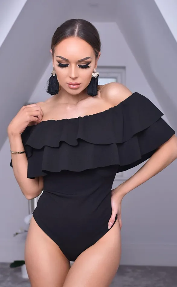 Kyla Black Double Frill Bardot Bodysuit Women Missfiga Bodysuits