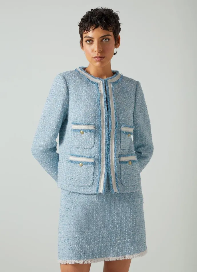 LKBennett Coats and Jackets Women Charlie Blue Tweed Trim Jacket