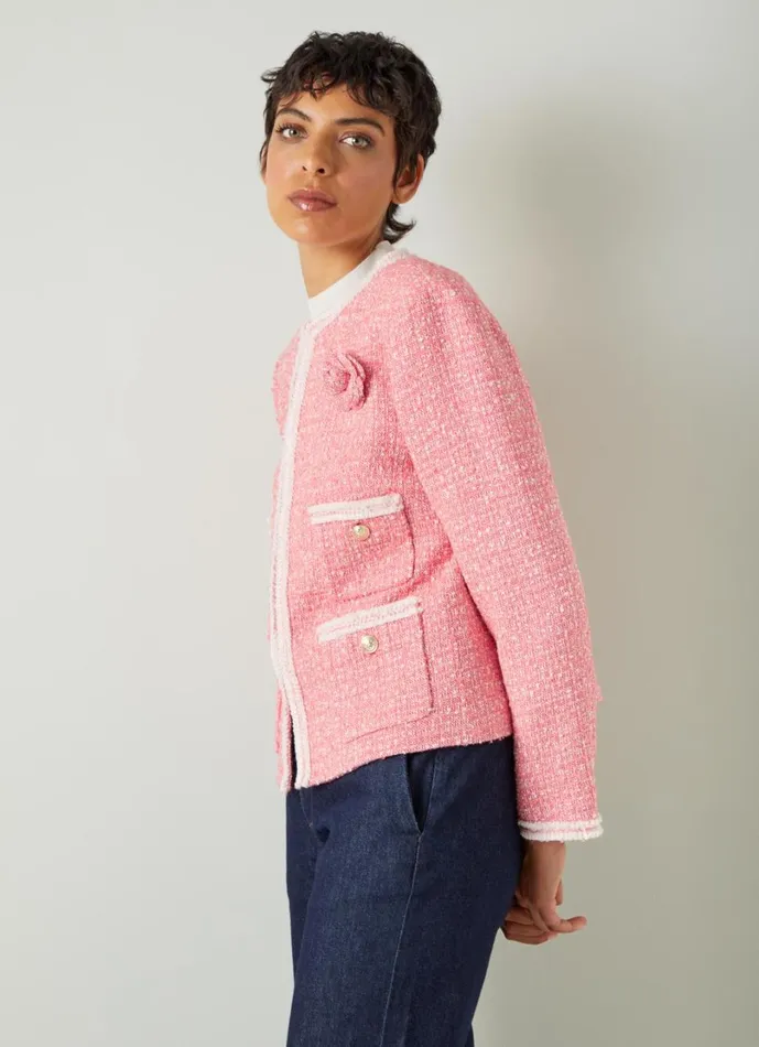LKBennett Coats and Jackets Women Charlie Pink and Ivory Recycled Cotton Tweed And Trim Jacket