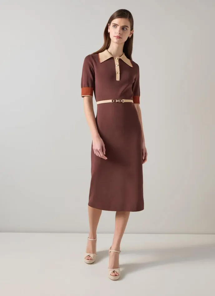 LKBennett Dresses Women Rosey Chocolate Multi Chain Belt Trim Milano Knit Dress