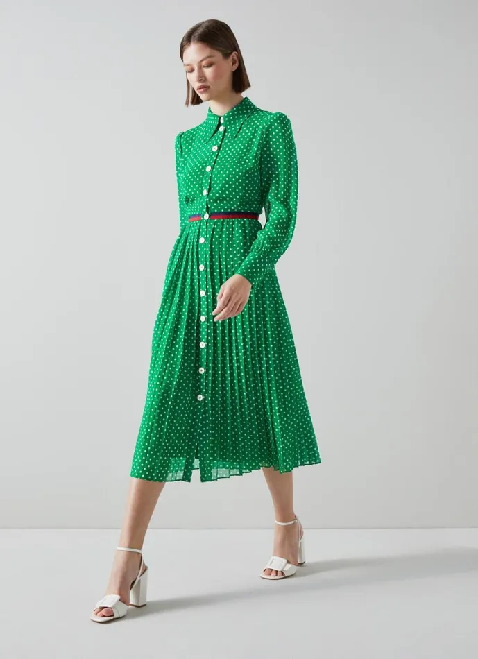 LKBennett Dresses Women Tallis Green And Cream Spot Recycled Polyester Shirt Dress