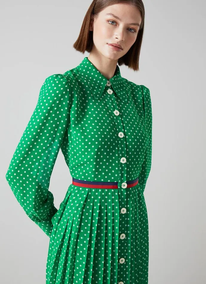 LKBennett Dresses Women Tallis Green And Cream Spot Recycled Polyester Shirt Dress