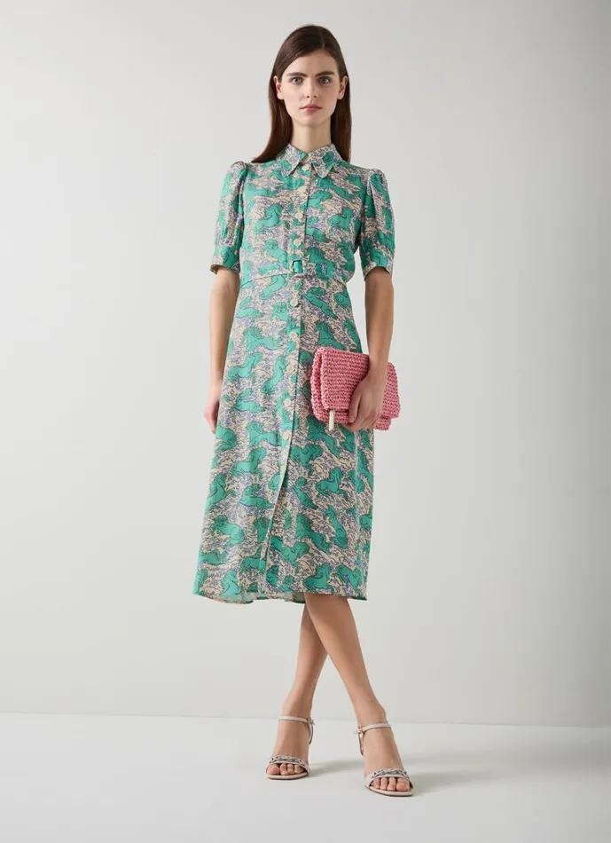 LKBennett Dresses Women Valerie Cream Horses Print Belted Shirt Dress