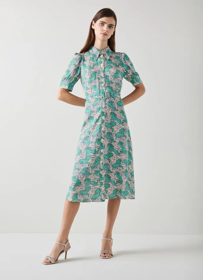 LKBennett Dresses Women Valerie Cream Horses Print Belted Shirt Dress LKBennett Dresses Women Valerie Cream Horses Print Belted Shirt Dress
