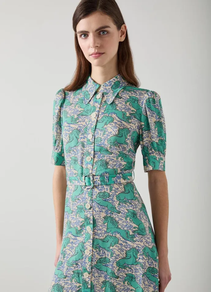 LKBennett Dresses Women Valerie Cream Horses Print Belted Shirt Dress LKBennett Dresses Women Valerie Cream Horses Print Belted Shirt Dress