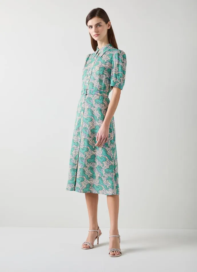 LKBennett Dresses Women Valerie Cream Horses Print Belted Shirt Dress LKBennett Dresses Women Valerie Cream Horses Print Belted Shirt Dress