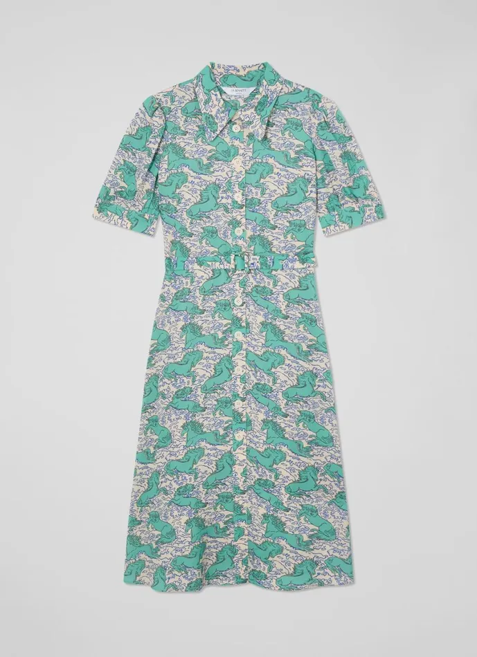 LKBennett Dresses Women Valerie Cream Horses Print Belted Shirt Dress LKBennett Dresses Women Valerie Cream Horses Print Belted Shirt Dress