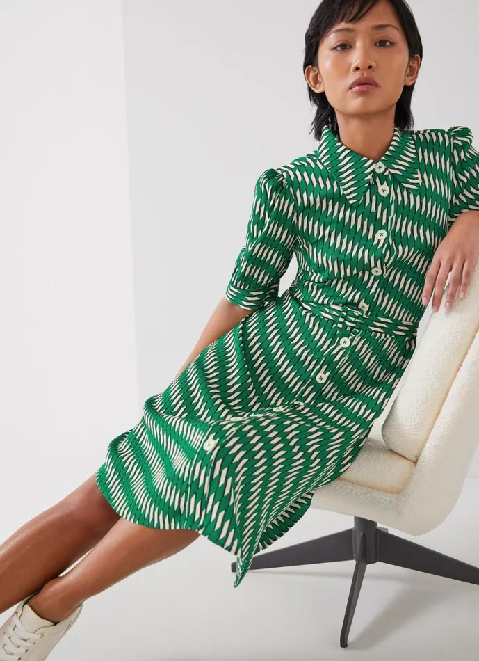 LKBennett Dresses Women Valerie Petite Green Modernist Print Shirt Dress