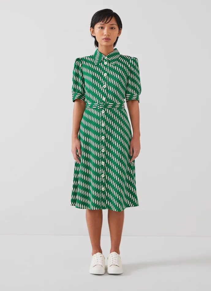 LKBennett Dresses Women Valerie Petite Green Modernist Print Shirt Dress LKBennett Dresses Women Valerie Petite Green Modernist Print Shirt Dress