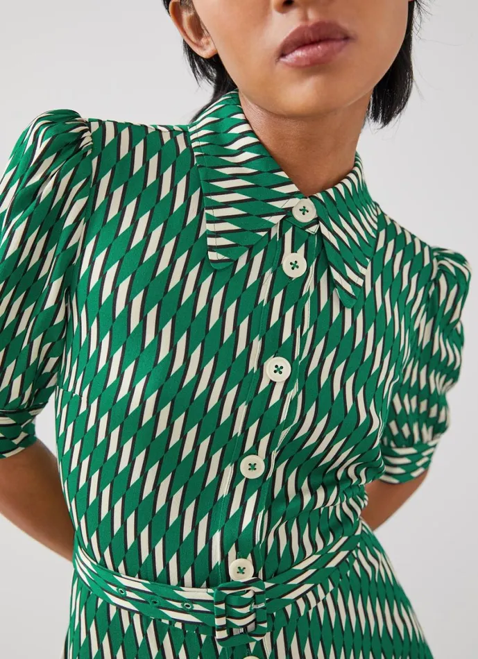 LKBennett Dresses Women Valerie Petite Green Modernist Print Shirt Dress LKBennett Dresses Women Valerie Petite Green Modernist Print Shirt Dress