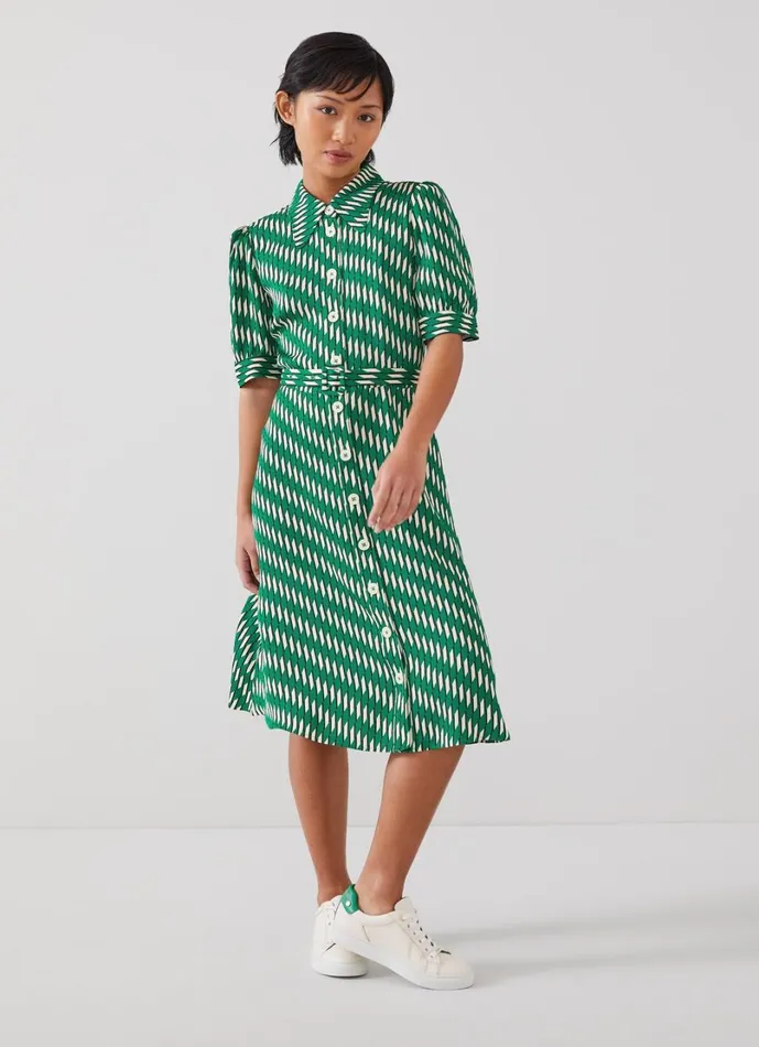 LKBennett Dresses Women Valerie Petite Green Modernist Print Shirt Dress LKBennett Dresses Women Valerie Petite Green Modernist Print Shirt Dress