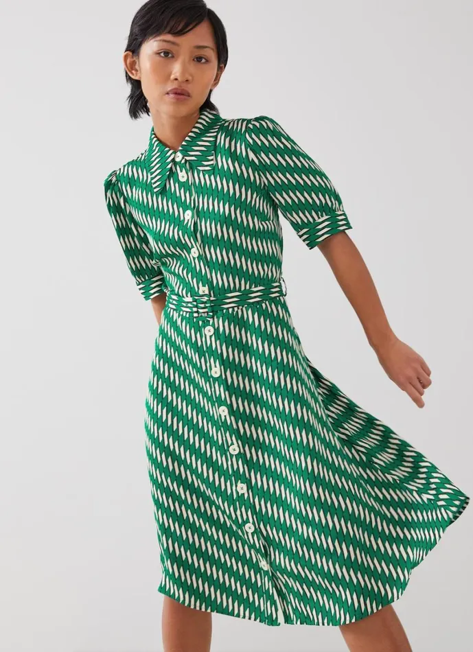 LKBennett Dresses Women Valerie Petite Green Modernist Print Shirt Dress LKBennett Dresses Women Valerie Petite Green Modernist Print Shirt Dress