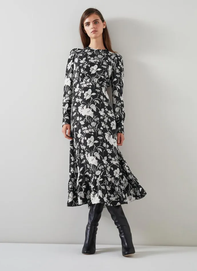 LKBennett Dresses Women Winona Black and Cream Mono Meadow Print Jacquard Dress