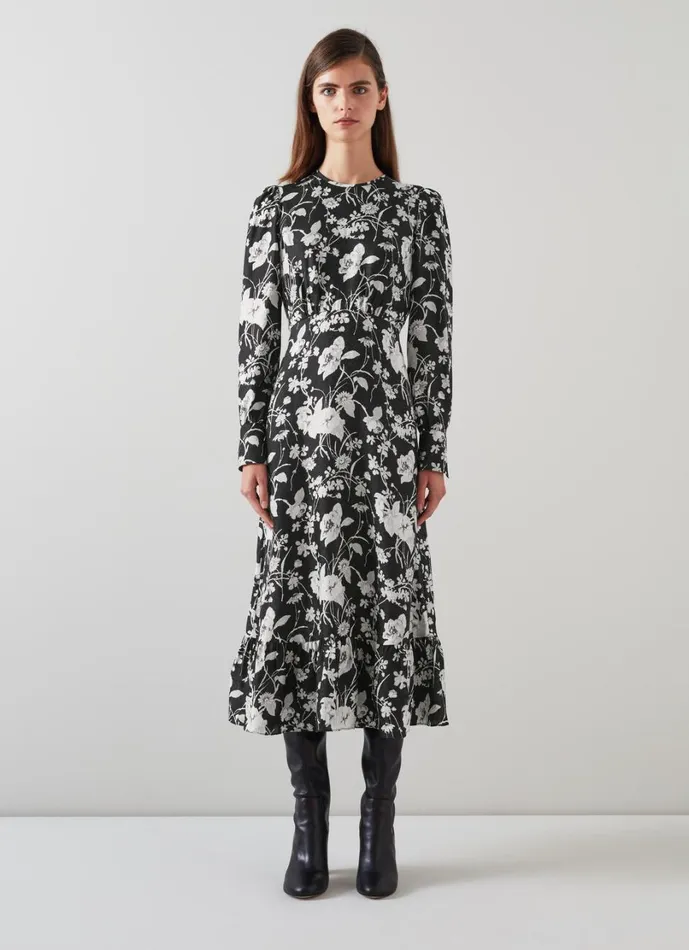 LKBennett Dresses Women Winona Black and Cream Mono Meadow Print Jacquard Dress