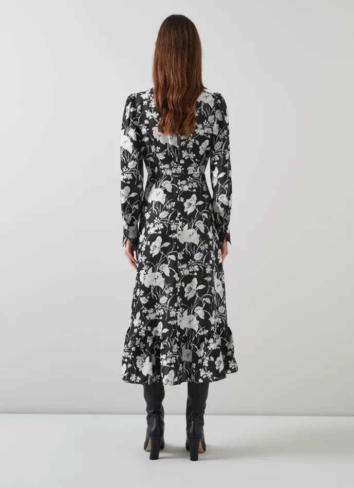 LKBennett Dresses Women Winona Black and Cream Mono Meadow Print Jacquard Dress