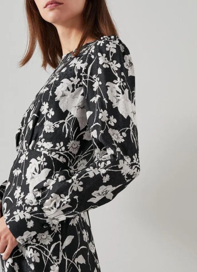 LKBennett Dresses Women Winona Black and Cream Mono Meadow Print Jacquard Dress