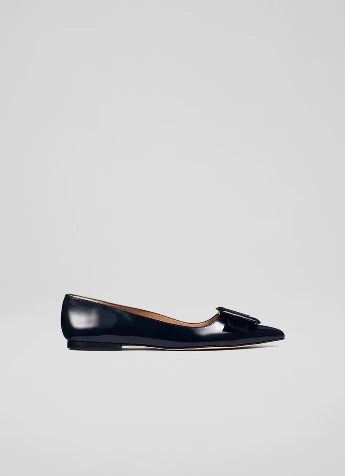 LKBennett Flats Women Devon Blue Patent Leather BuckleDetail Flats