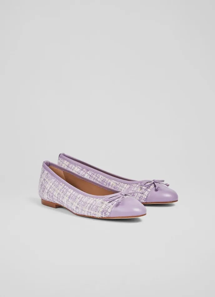 LKBennett Flats Women Kara Lilac Tweed And Leather Toe Cap Ballet Pumps LKBennett Flats Women Kara Lilac Tweed And Leather Toe Cap Ballet Pumps